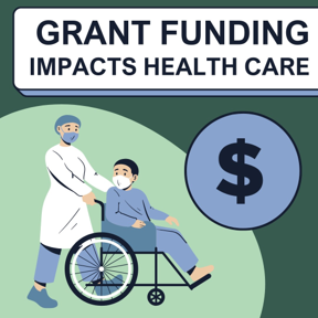 Grant Funding Impacts Health Care. A nurse pushing a patient in a wheelchair. Dollar sign. 
